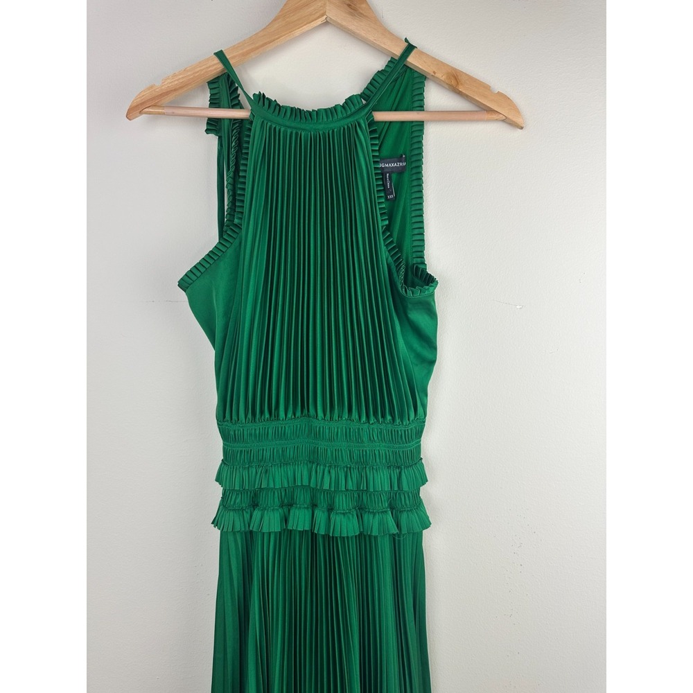 BCBGMAXAZRIA Emerald Green Satin Plisse High-Neck Maxi Dress XXS Pleated Elegant - Picture 4 of 16